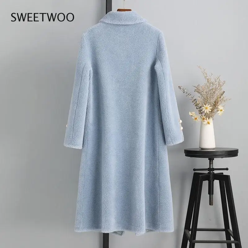 Women 2022 Winter New Fashion Mid-Long Sheep Shearing Coats Female Real Lamb Fur Outwears Ladies Solid Color Slim Jackets Tide