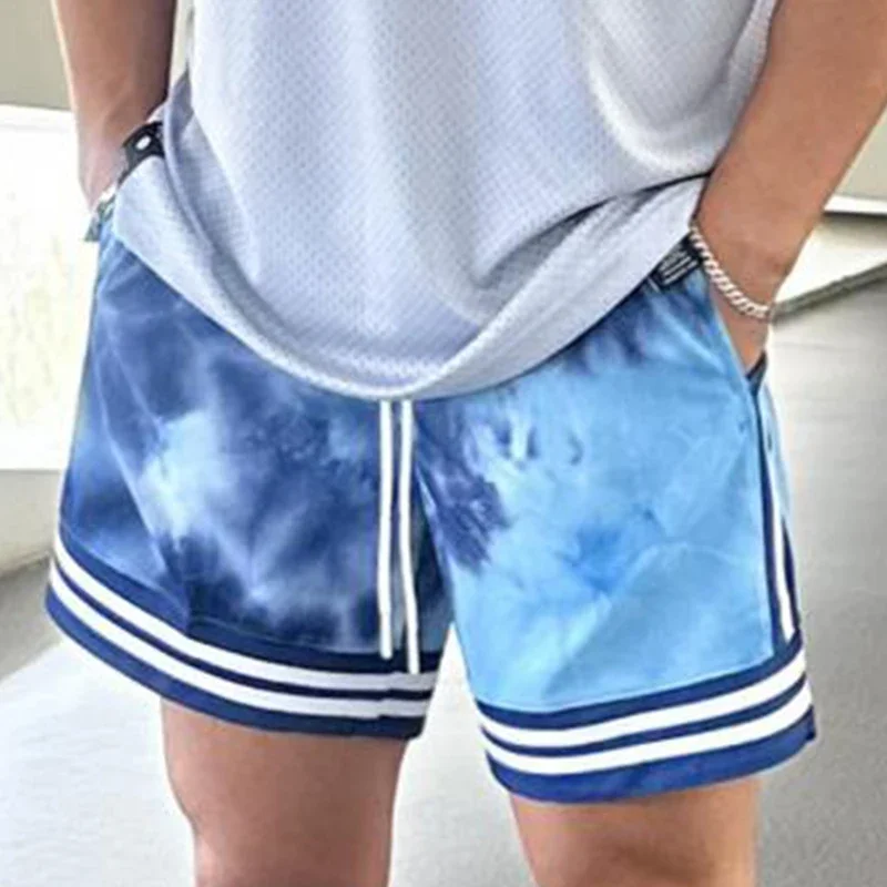 Men Running Shorts Tie-Dye Style Colourful Hawaiian Print Beach Pants with Pockets Casual Sports Shorts Training Clothing