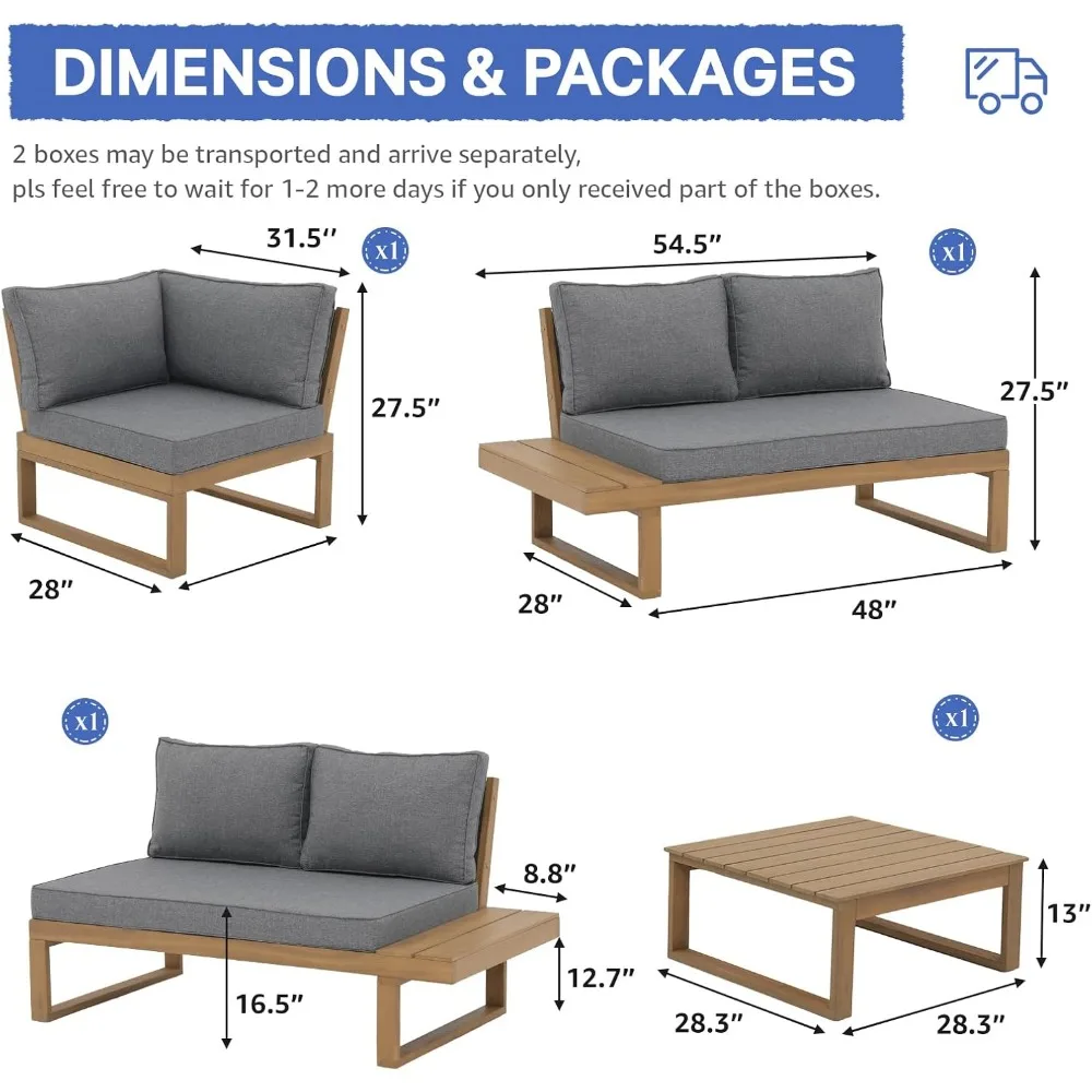 Acacia Wood Patio Furniture L-Shaped Outdoor Sectional Sofa Set with Coffee Table, Conversation Set with Built-in Side Table 3