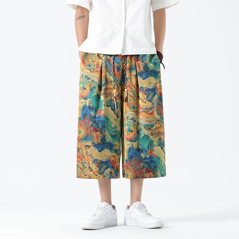 

M-5XL Chinese Style Print Summer Beach Pants Men Oversized Loose Casual Lightweight Wide Leg Skirt Pants Women Harem Trousers