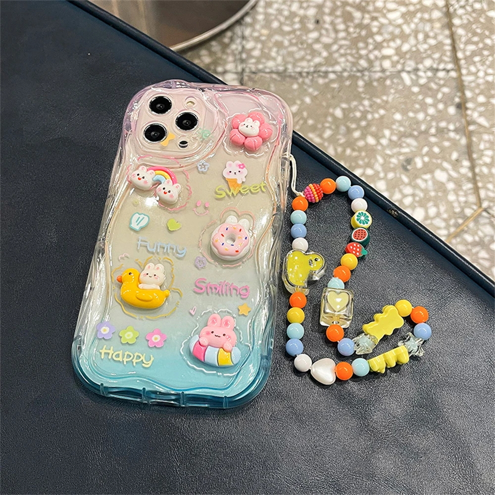 Korean Cute 3D Rabbit Flower With Fruit Chain Lanyard Soft Case