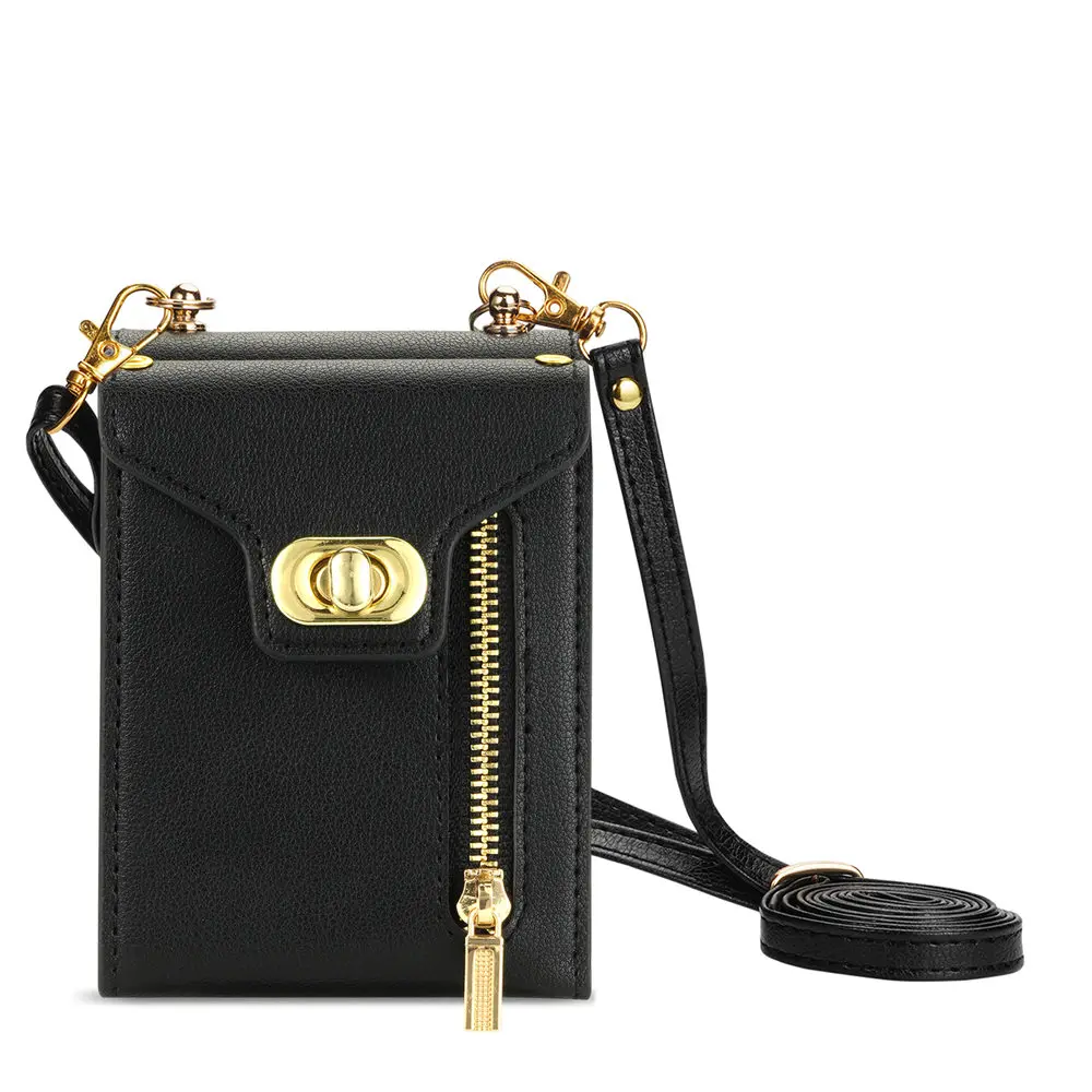 Elegant Leather Crossbody Wallet Case with Credit Card Holder and Long Lanyard