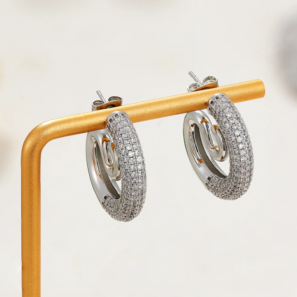 Sparkling Rhinestone Geometric Distortion Stud Earrings Chunky Vortex Ear Hoops Huggies Waterproof Statement Jewelry Rust Proof