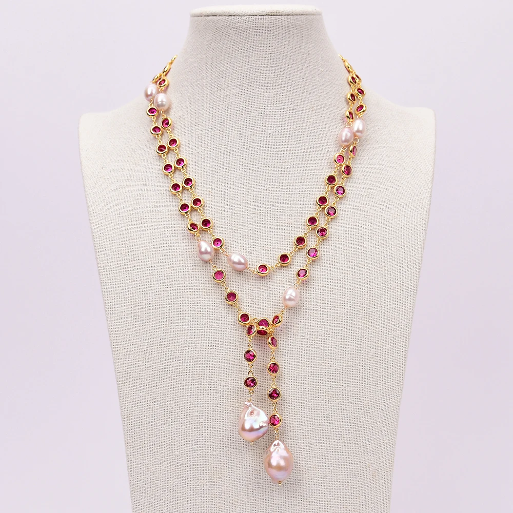 

G-G Fuchsia Color CZ Zircon Pave Gold Edge Chain Cultured Purple Keshi Pearl Pendant Long Necklace Handmade For Lady