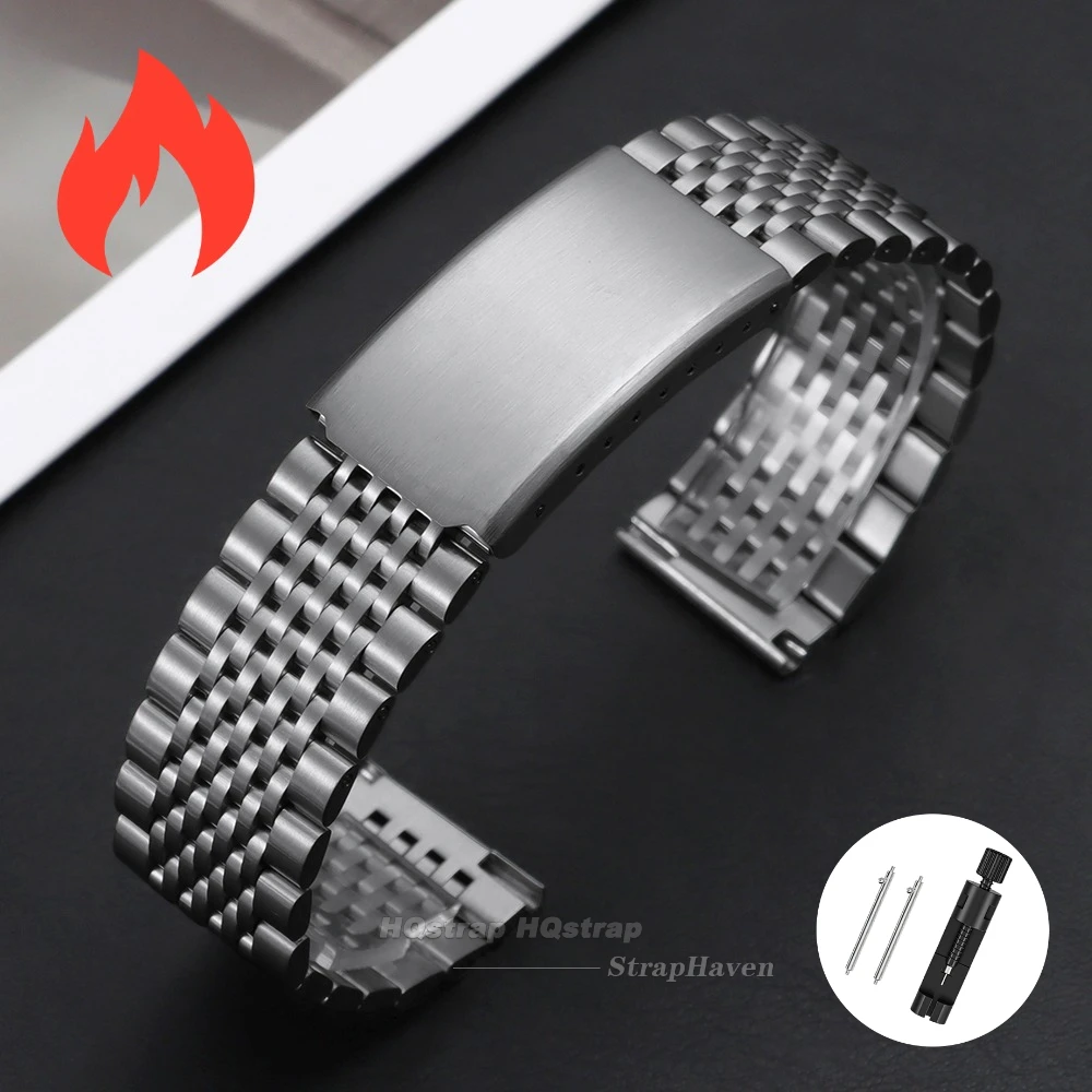 Premium Curved Flat End Stainless Steel Watch Strap with Folding Clasp - Universal Bracelet in Multiple Sizes