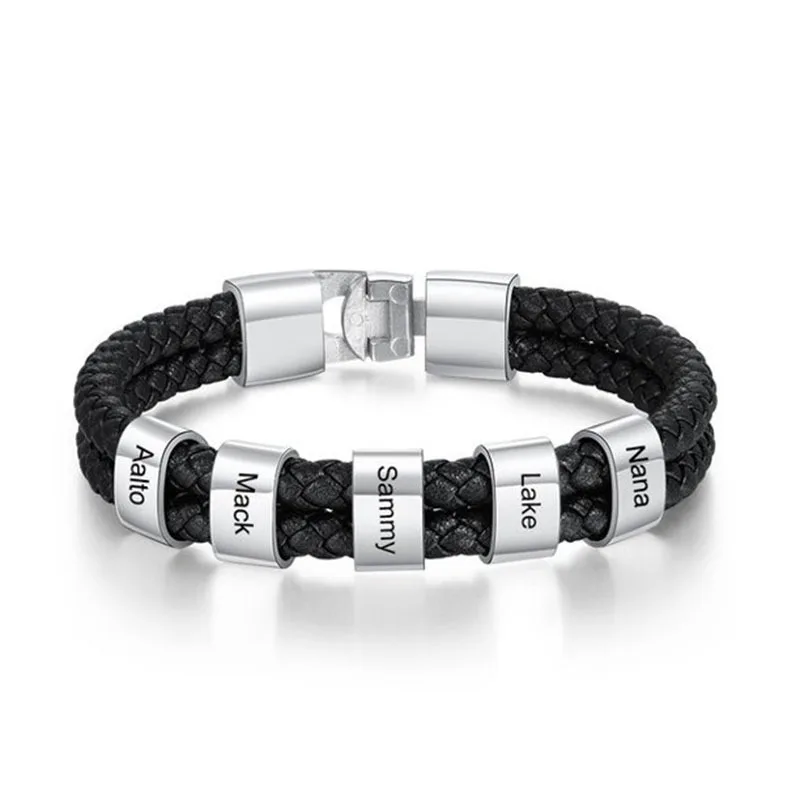 Custom Name Double Layer Leather Men Bracelet Engraving Stainless Steel Beads Family Name Bracelet For Men Jewelry Gift
