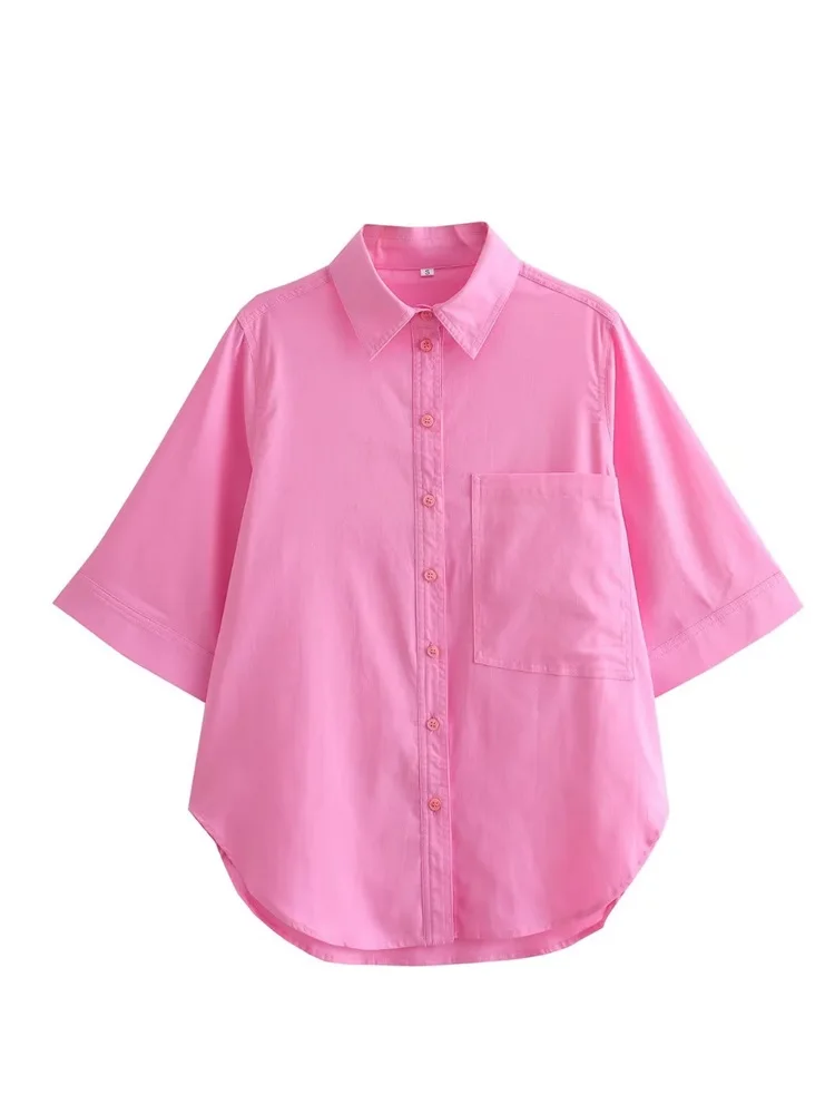

MESTTRAF Women 2023 Fashion Y2K With Pockets Cropped Shirts Vintage Short Sleeve Front Button Female Blouses Blusas Chic Tops