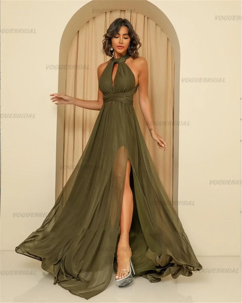 

Olive Green Chiffon Long Prom Dresses Jewel Neck Side Slit Criss Cross Simple Evening Gowns Women Formal Party Dress New