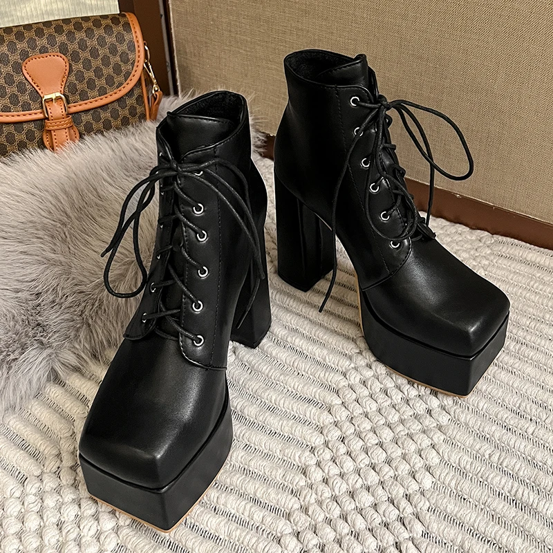 Quadratische Zehenpartie, hohe Plateau-Schnürung, einfarbig, sexy Damen-Stiefeletten, schwarze Lederstiefel, mattes Finish, Frühling und Herbst, neues High-End-Design, Runway-Modell-Stil, elegant, sexy, einfarbig, quadratischer Absatz, ultrastabil – Detail 23
