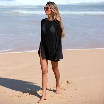 Women's Fashion Sheer Beach Dress Knit Texture Mesh Fabric Mesh Coverup Lightweight Boho Bikini Cover Up Beach Wear 1