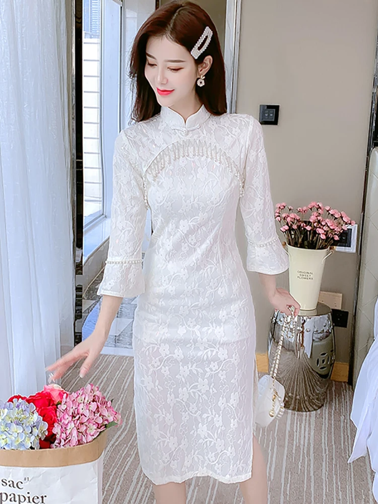 

White Lace Jacquard Luxury Pearl Tassel Dress for Ladies Autumn Winter Elegant Bodycon Midi Dress 2023 Korean Vintage Prom Dress