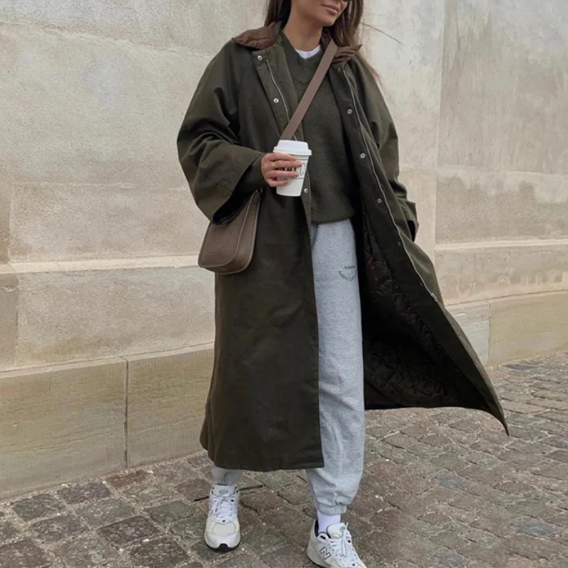 

Women Green Stitching Mid-Length Windbreaker Corduroy Turn-Down Collar 2023 New Ladies Single-Breasted Long Parkas Coat