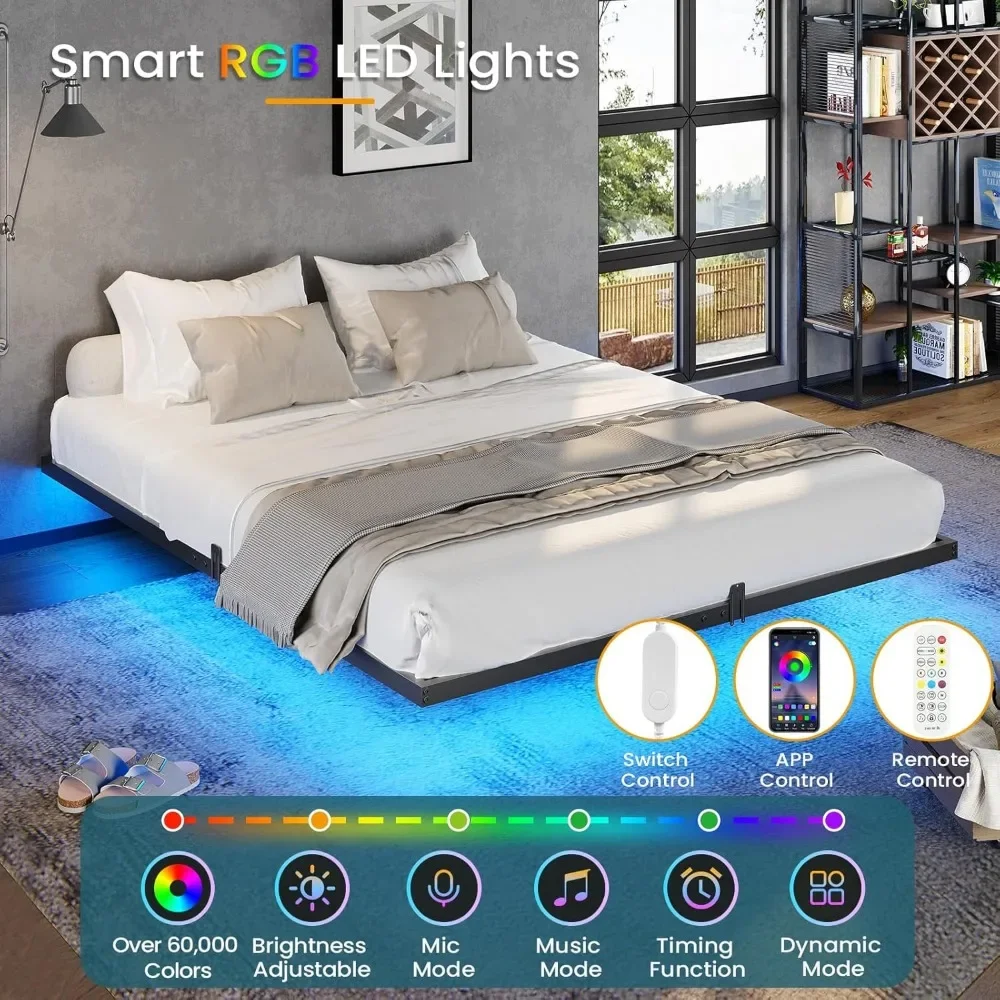 Queen Bed Frame with LED Lights, Metal Platform Bed with Heavy Duty Steel Slats and 4 Mattress Slide Stopper,Floating Bed Frame 4