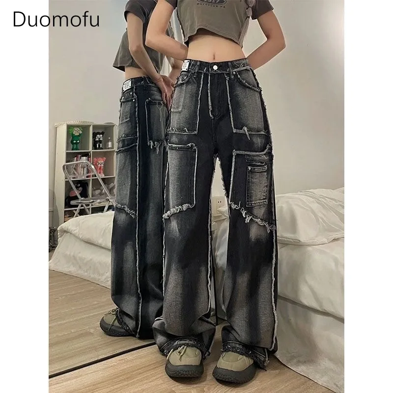 

Duomofu Y2K Streetwear Fashion Wide Leg Trousers Wash Rough Edge Baggy Jeans Woman Splicing Multiple Pockets High Street Jeans