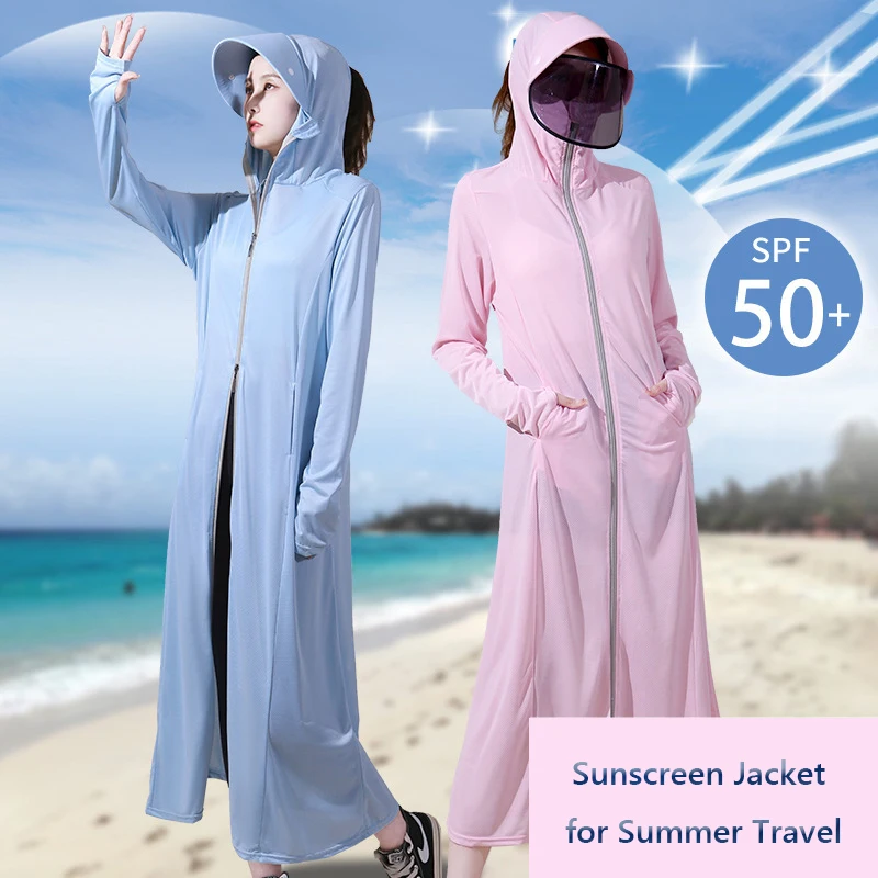 

Sun Protection Clothing Women Long Coat Cover the Whole Body UPF50+ Sunscreen Jacket with Lens and Sun Hat for Travel Summer