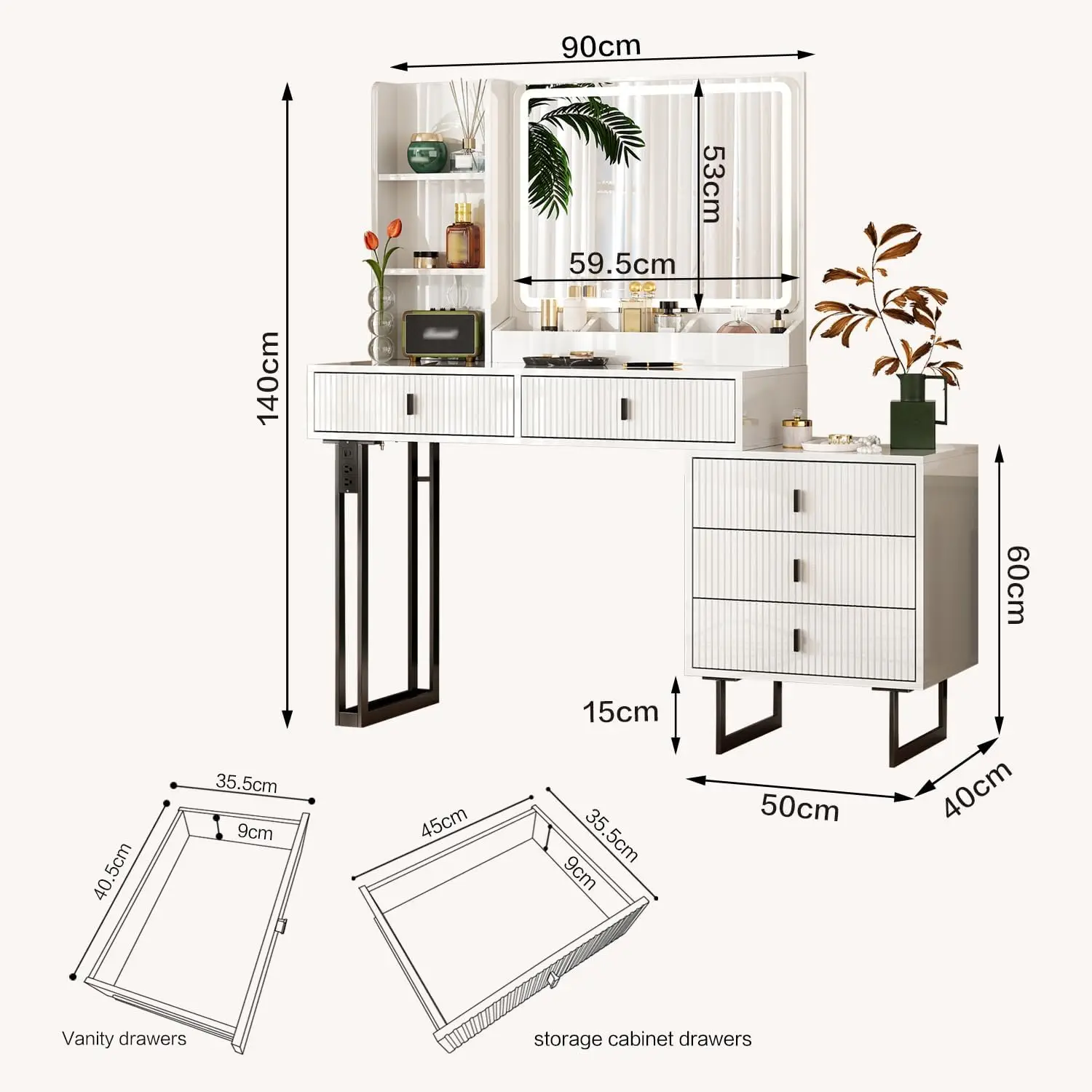 Large Vanity Desk with 3 Color Touch Screen Dimming Mirror, Vanity Desk with Charging Station, Modern Retractable Makeup Dressin