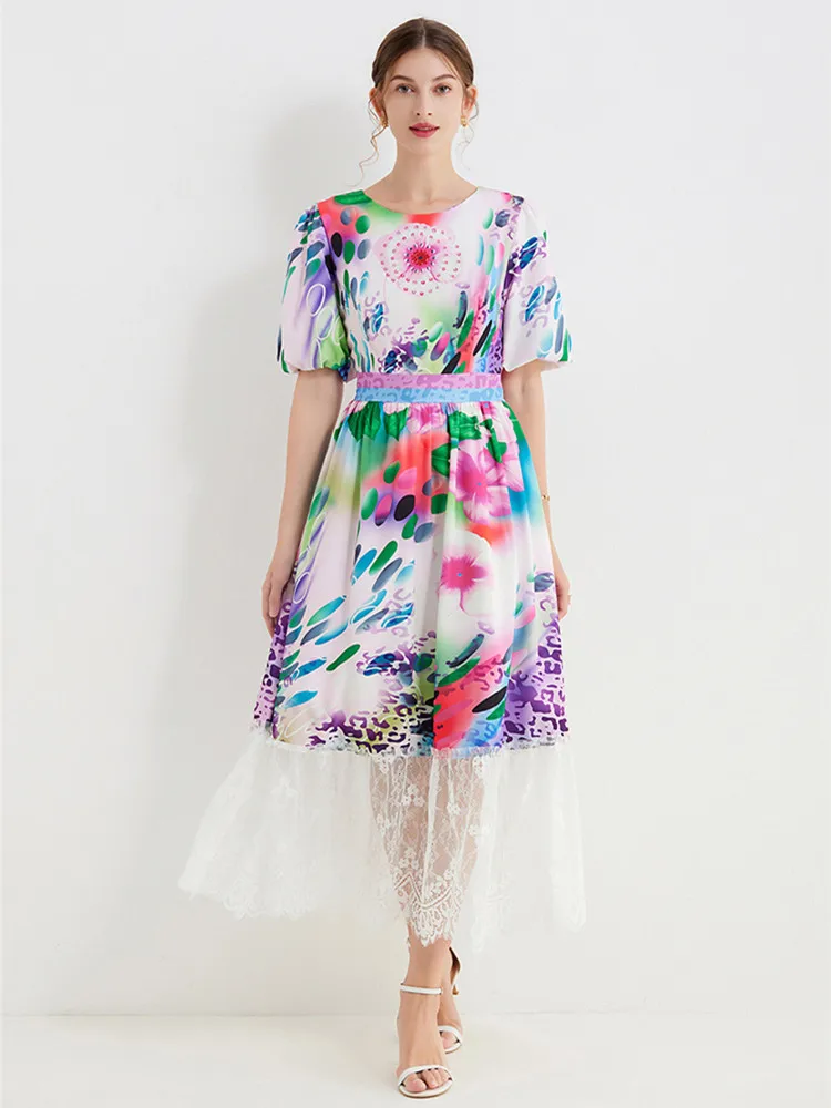 

Runway Fashion Flower Women Summer Dress Casual Puff Sleeve Multicolor Flower Print Lace Hem Elegant Long One Piece Dress