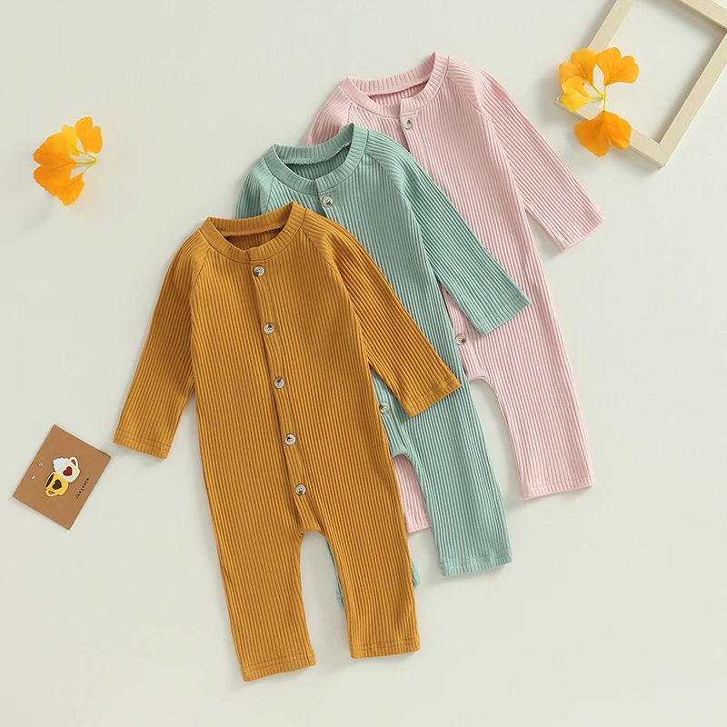 

0-24M Baby Solid Color Ribbed Jumpsuits Boys Girls Newborn Infant Toddler Long Sleeve Button Down Romper Fall Spring Clothing