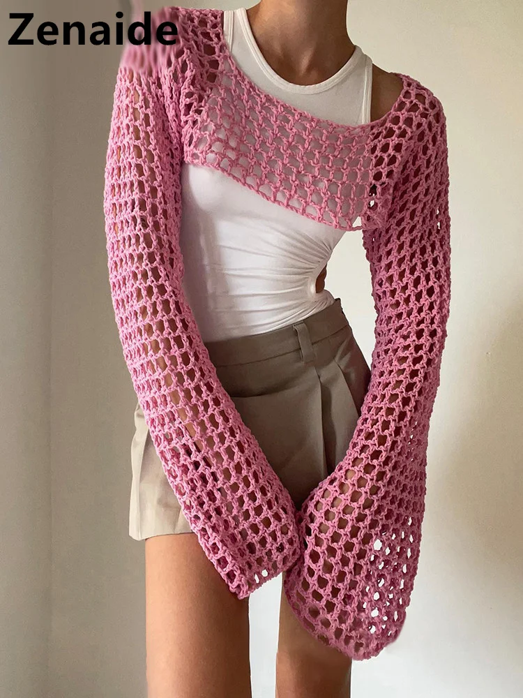

Zenaide 2024 Summer Hollow Out Long Sleeve Crochet Crop Top Y2K Women Vintage Knit T Shirt Dark Blue See Through Coquette Cloth