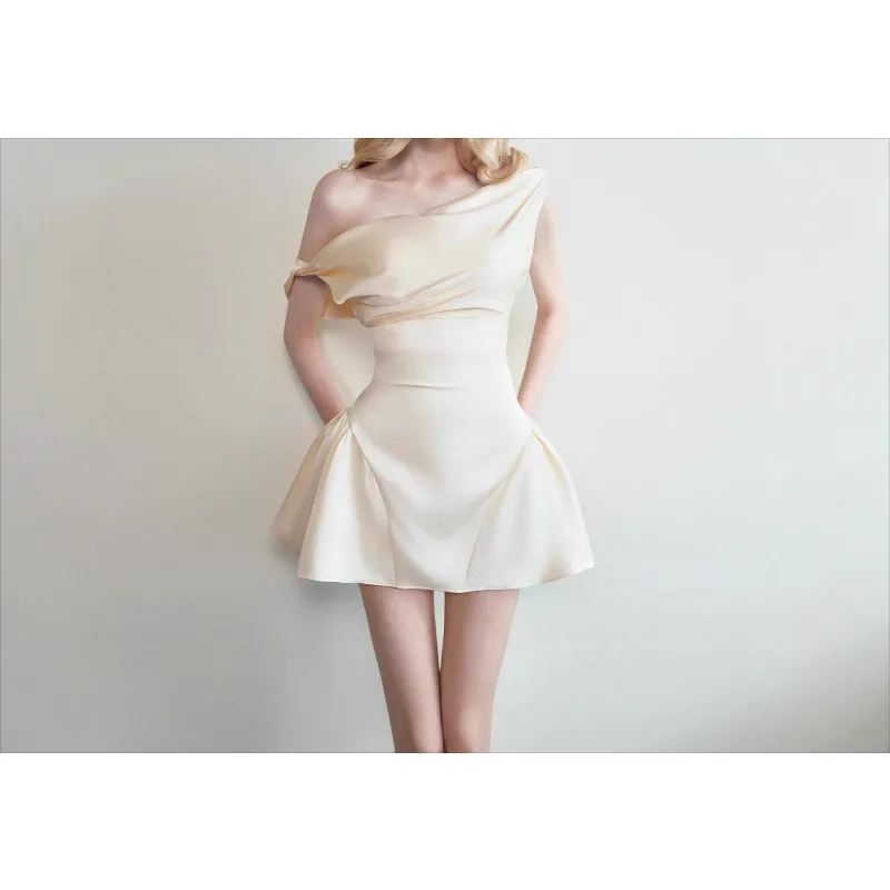 Women's Clothing 2026 Autumn French Sexy Pure Desire Sweet Temperament Waist Satin Dress Short Skirt