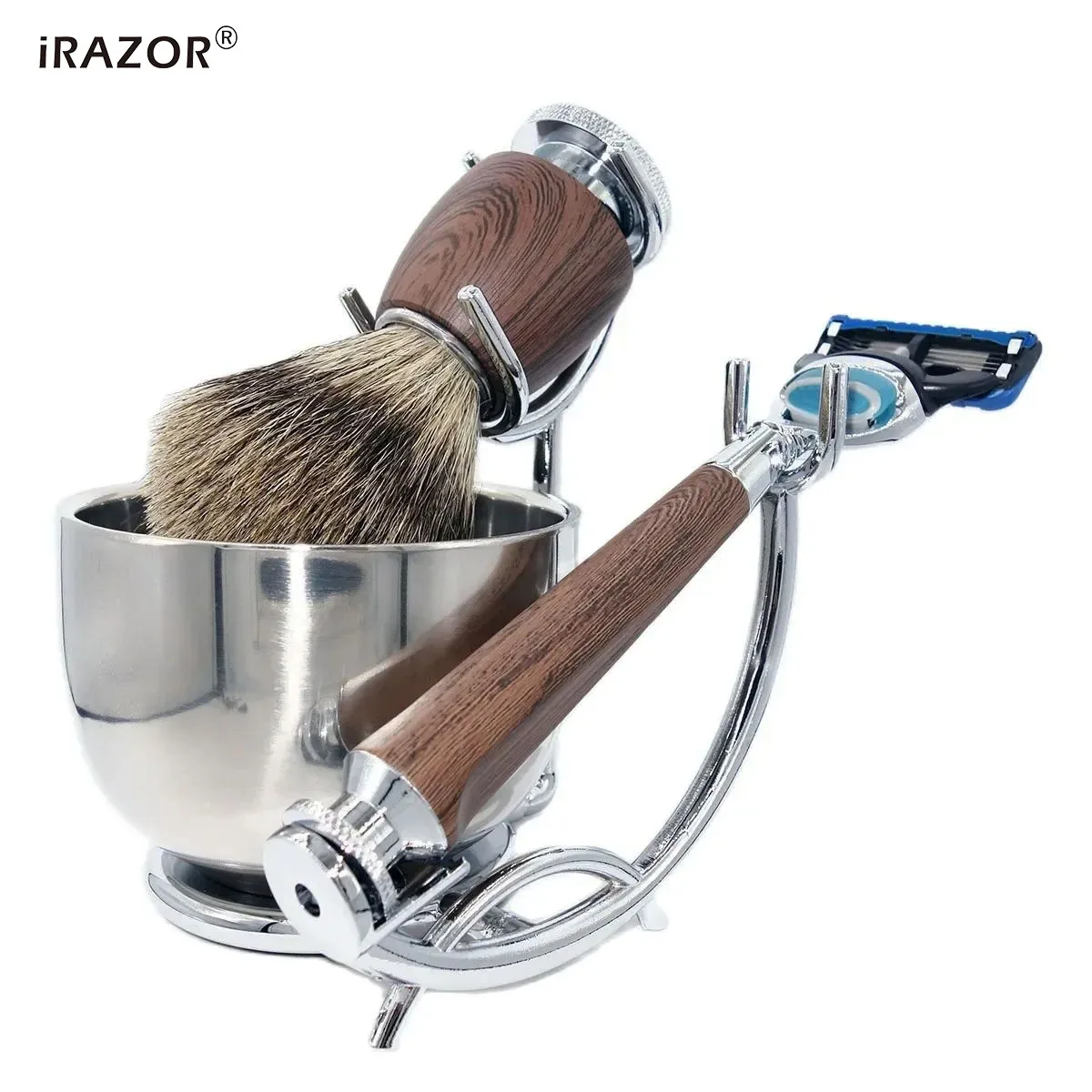 IRAZOR 전문가용 퓨전 5 면도 키트, 천연 오소리 브러시, 로즈우드 그레인, 방수 면도기, 남편 이발 도구