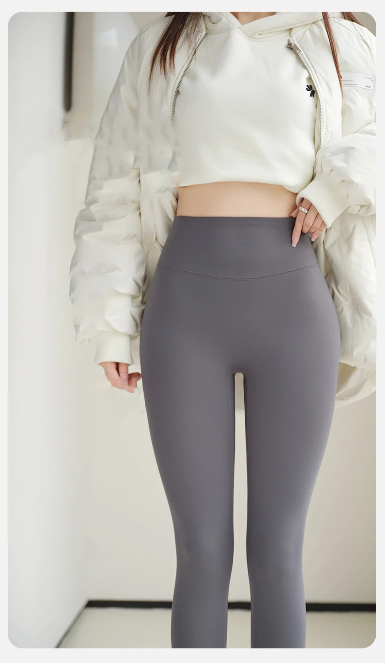 BIVIGAOS Fall Winter Fleece Warm Back Pocket Sharkskin Leggings Women High Waist Casual Thick Velvet Leggings Tight Brushed Pant