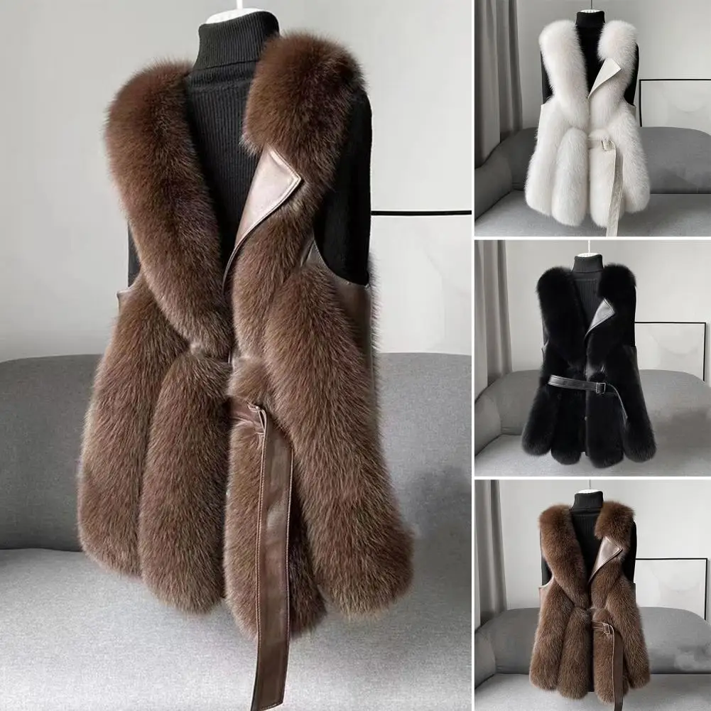 Button Closure Plush Vest Cozy Faux Fur Winter Vest with Belt Closure Leather Patchwork Women's Sleeveless Windproof for Warmth