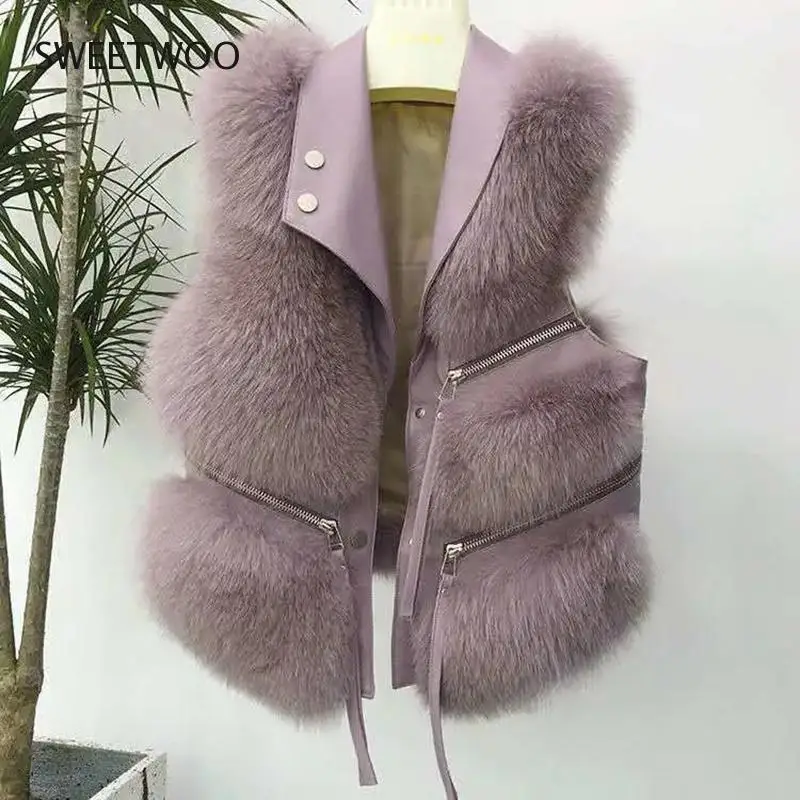 2022 Autumn Winter Faux Fur Vest Women Solid Lapel Sleeveless Pu Leather Jackets New Loose Warm Multi-Zip Decoration Coat Slim