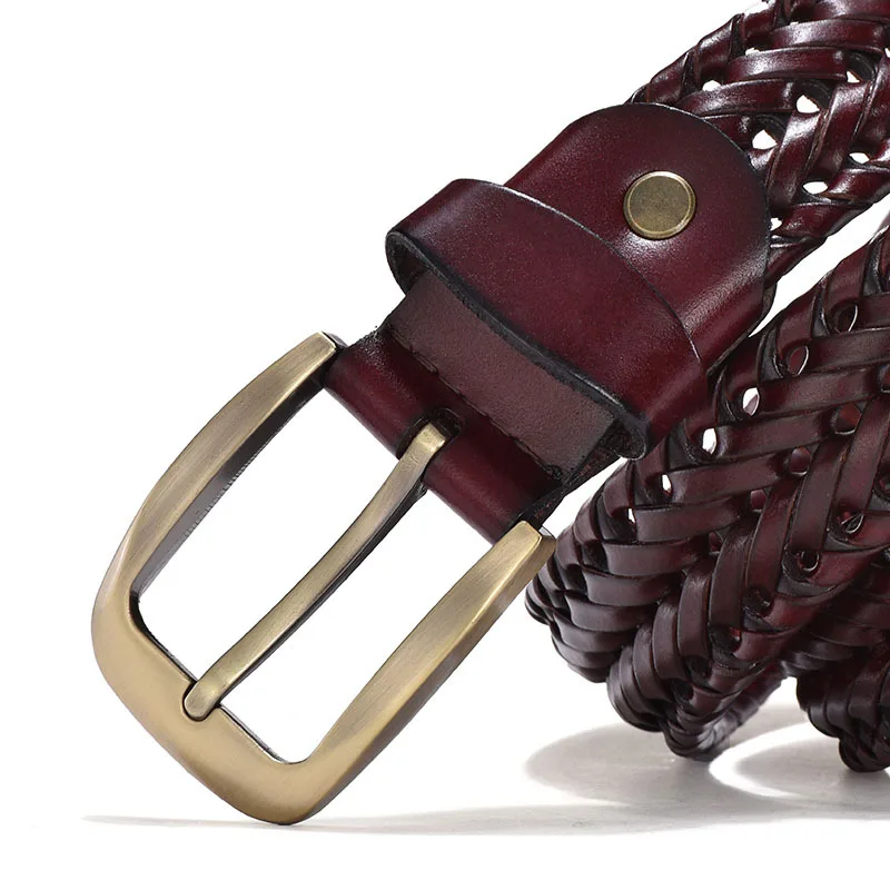 Men's Genuine Leather Braided Belt with Gold Pin Buckle - Vintage Casual Strap
