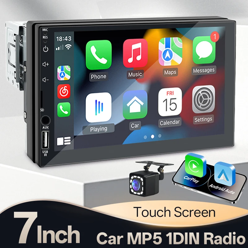1 Din Car Radio Bluetooth Carplay Android Auto Multimedia Player 7‘’ Touch Scree