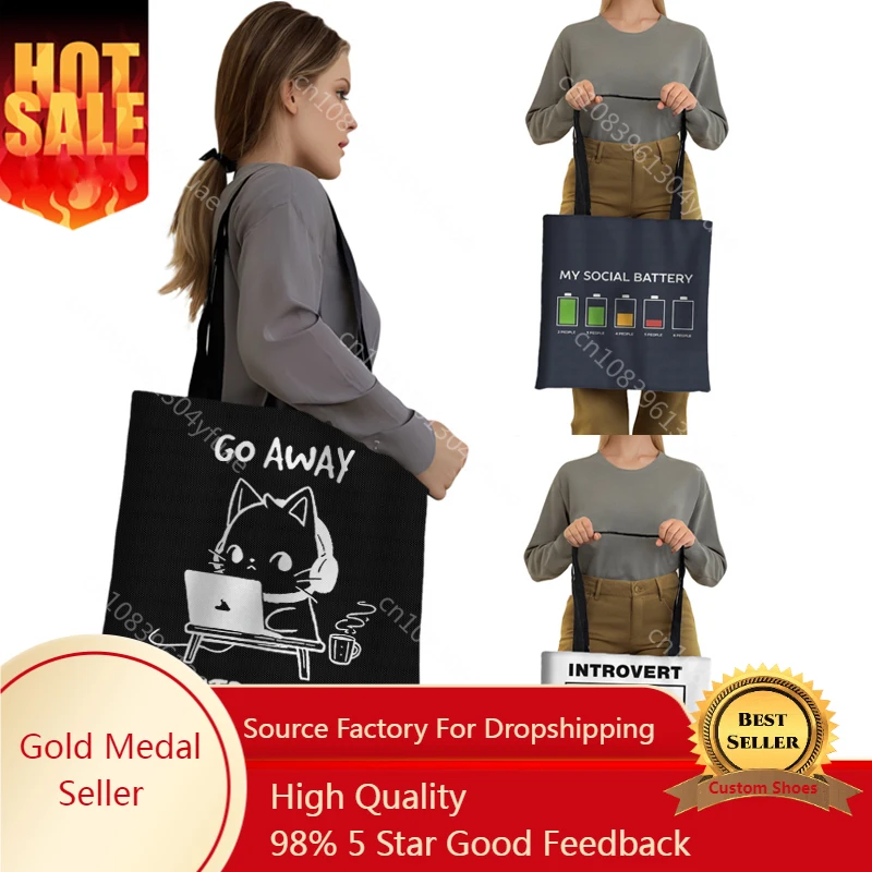 

Go Away L Am Introverting Tote Bag Funny Introvert Handbag Casual Totes Large Capacity Shoulder Bag for Travel Eco Shopping Bags