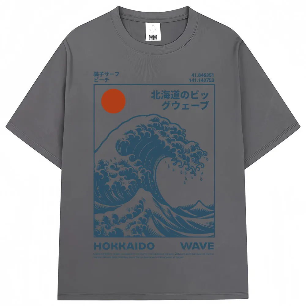 Vintage Japanese Hokkaido Wave Oversized Cotton Tee - Unisex Harajuku Fashion Summer T-Shirt