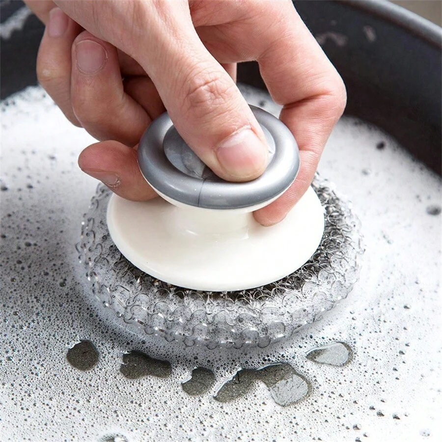 Stainless Steel Scourers Plastic Handle Steel Wool Scrubber Pad Kitchen Bathroom Cleaning Brush Dishes Pots Pans 1Pc