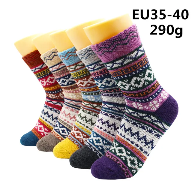 5 Pairs Winter Warmer Women Thicken Thermal Wool Cashmere Snow Socks Fashion Casual Euramerican National Wool Socks for Women 5 Pairs -YM009