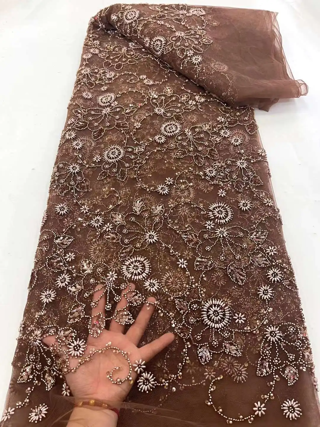 African Bead Lace Fabric 2023 High Quality French Groom Mesh Lace Fabric Sequins Nigerian Lace Fabrics For Wedding Dress Sewing african lace fabric 2021 high quality lace french nigerian mesh beaded lace fabrics for wedding dress sewing jy 300