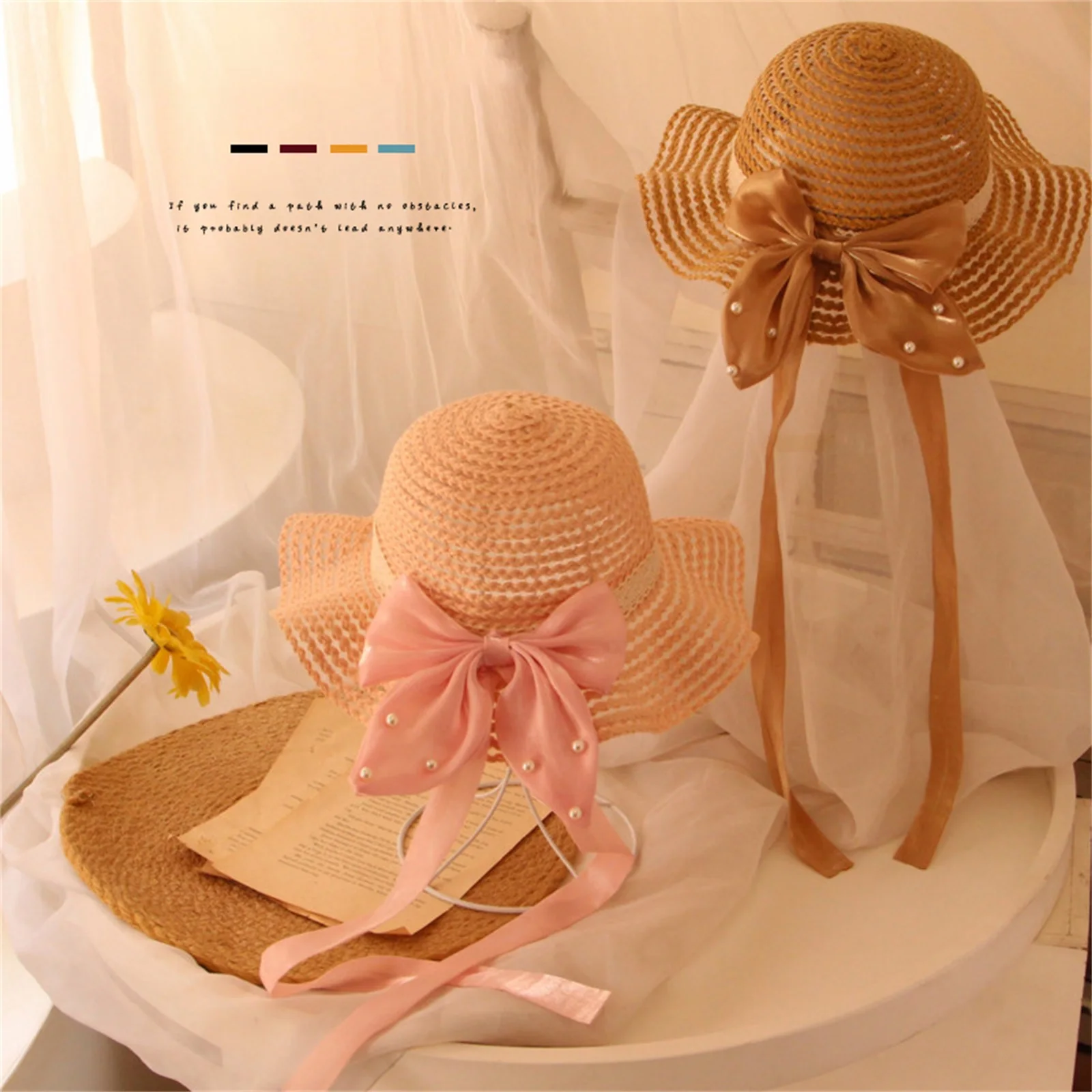 One Size Kid Girl Sun Hat Wide Brim Straw Cap Bow with Ribbon Pearls Cute Sun Proof Hat for Beach Street Party