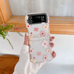 Clear Flower Design Hinge Phone Case with Chain - Shockproof Silicone Cover - Galaxy Z Flip 5G (Case)