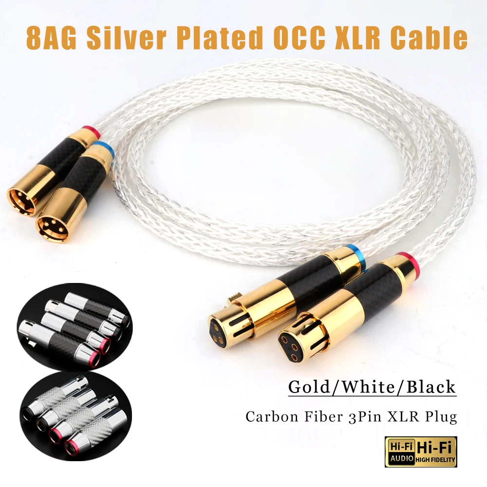 Pair 8AG OCC Silver Plated XLR Male to Female 3Pin Black Gold Carbon Fiber Balanced Plug Microphone Cable for Mixer Soundbox Amp