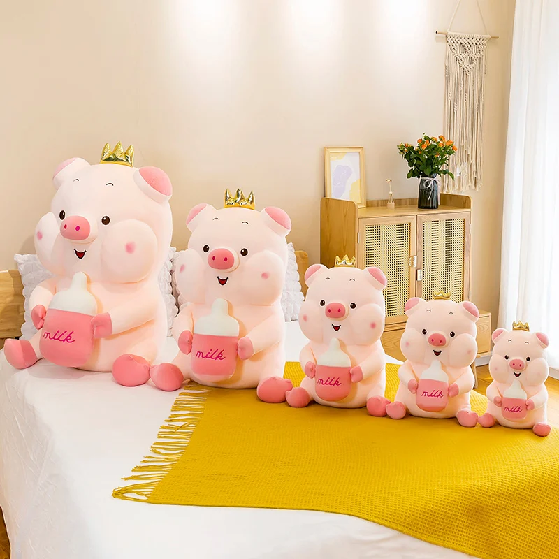 Cute Crown Pig Plush Toys Stuffed Animal Dolls Baby Pink Piggy with Milk Bottle Kids Accompany Pillow for Girls Birthday Gifts cute soft lolita bunny plush toys kawaii stuffed animal rabbit doll baby accompany sleeping pillow for girls birthday xmas gifts