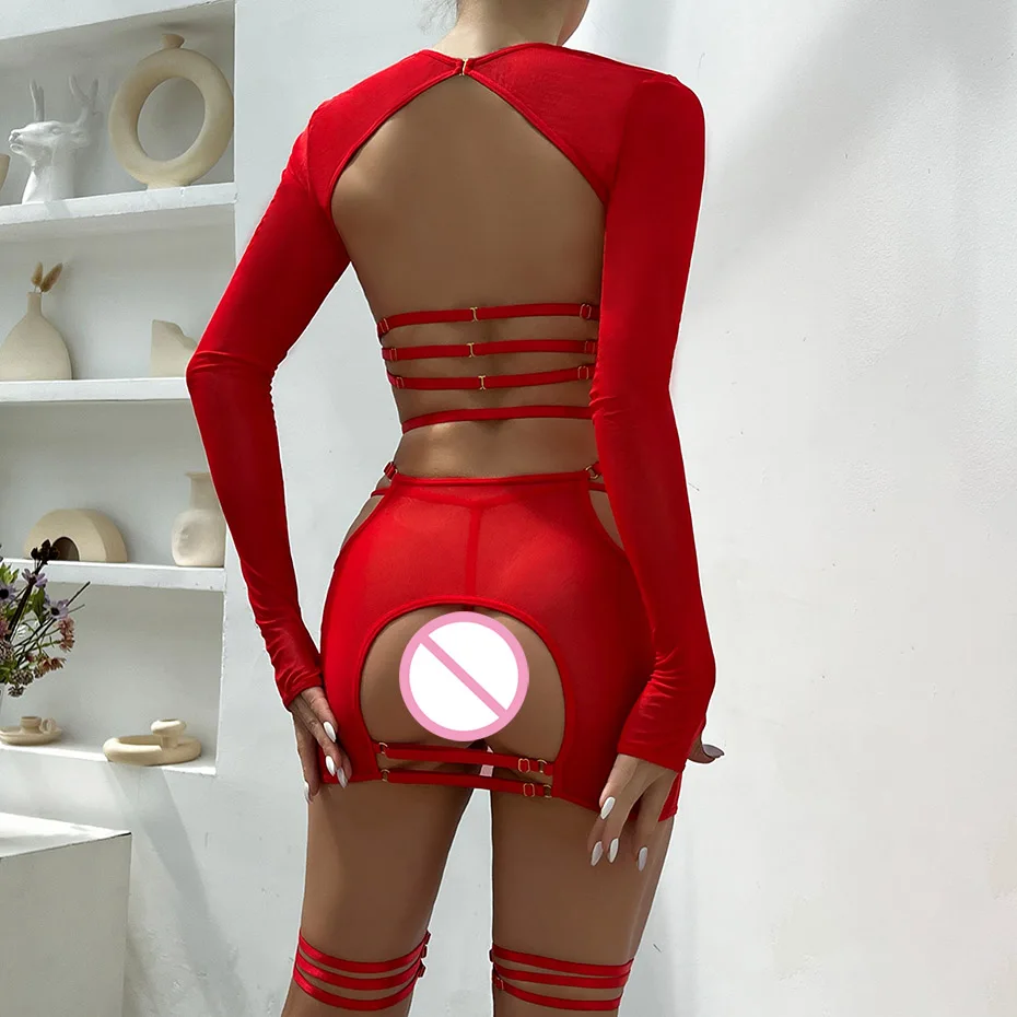 JSY Sexy Lingerie For Women's Thermal Underwear Red Bondage Tops And Skirt Hollow Out Backless Erotic Lingerie Porno Costumes