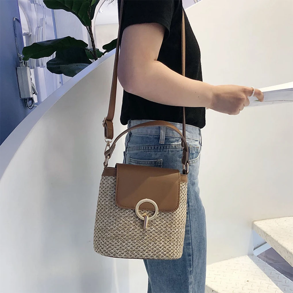 

Portable And Lightweight Straw Bucket Bag For Women Space-saving Multifunctional Straw Bucket Bags black