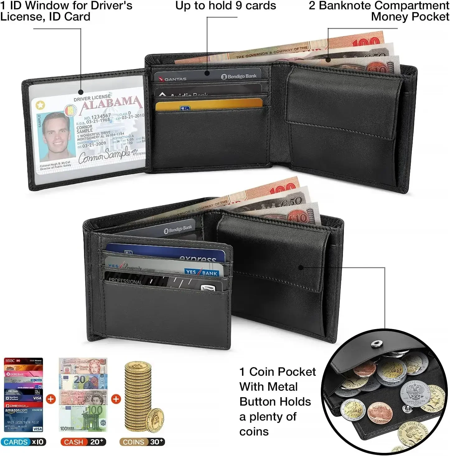 Classic Mens Black Leather Wallets Solid Soft Credit Cards Holders Slim RFID Blocking Purses Coin Pocket Banknote Compartments 5
