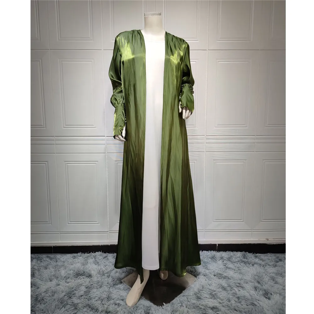 

Shiny Satin Eid Abaya Kimono Muslim Hijab Dress 2 Piece Set Turkey Open Abayas for Women Dubai Islam Morocco Outwear Kaftan Robe