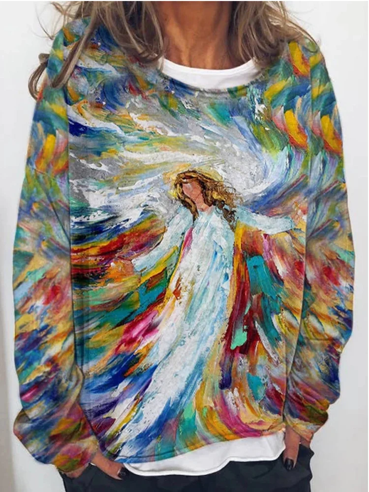 Casual Loose Faith Sweatshirt Women's Oil Painting Print Pullover 2023 Autumn Round Neck Long Sleeve Female Daily Tops