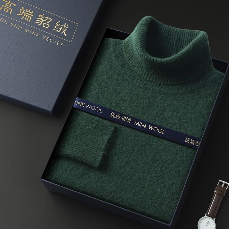 Autumn and Winter Men's Turtleneck 100% Mink Cashmere Sweater Men 2024 Large Size Loose Knitted Sweater Keep Warm Top Men Jumper 2