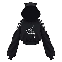 2022 New Dark Wind Women'S Fashion Print Hoodie Cat Ear Sweater Casual Hollow Bandage Long Sleeve Cocktail Loose Hoodie