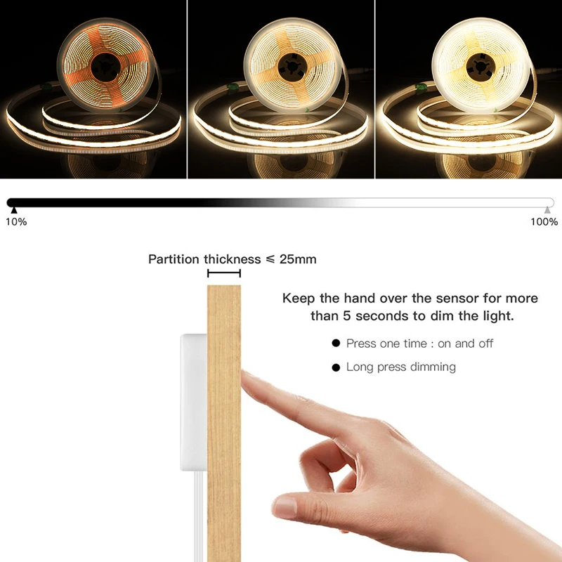 Description Picture 3 of item5V USB 1M 2M 3M 5M Dimmable COB LED Strip With Hand Sweep Touch Dimmer Switch For Kitchen Cabinet Wardrobe Cupboard Lighting