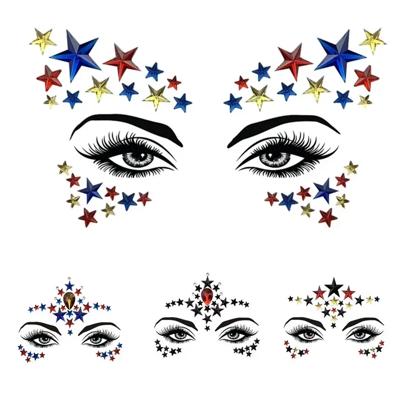 1 PC Personality Fashion Disposable Temporary Face Tattoo Stickers Easy To Operate Face Star Shape Rhinestone Jewel Makeup Set