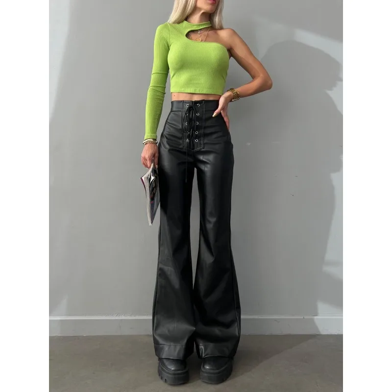 Women's Sexy Spicy Girl Flare Pants Autumn New Lace Up Design High Waist PU Leather Slim Trousers for Women