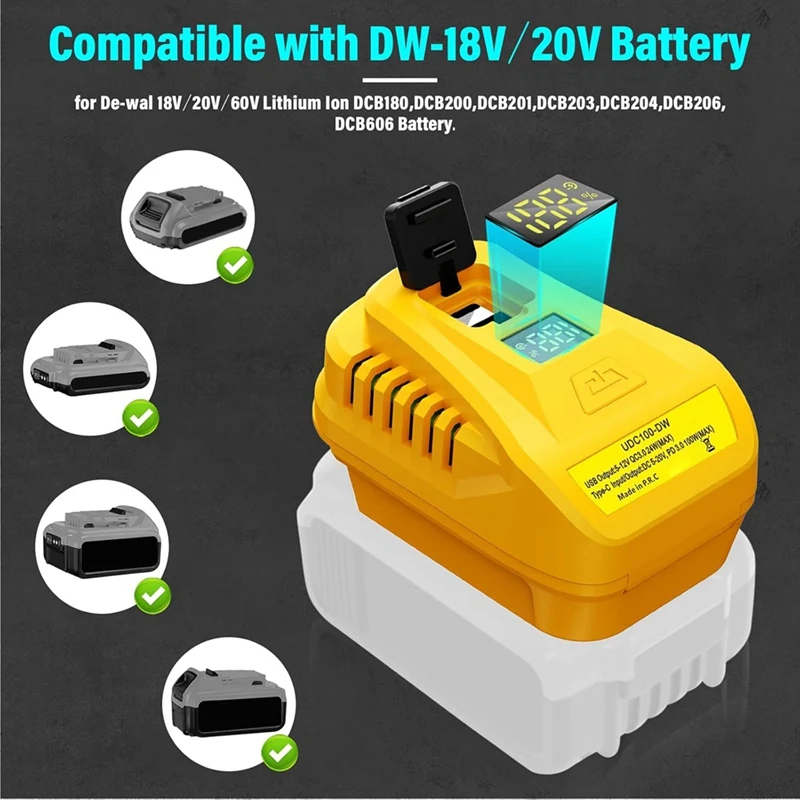 Dewalt 20V 배터리, 교체용 DCB094, QC3.0 Type-C 및 USB 포트 양방향용 AD33 HOT 100W USB 벽 충전 키트 어댑터